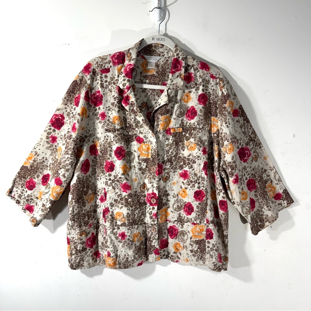 Vintage CJ Banks Floral Linen Button Up Top Size 2X